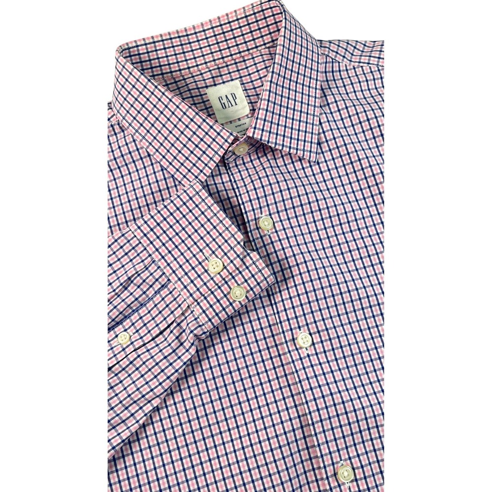 Gap Mens Small Pink Blue Check Dress Shirt Stretch Button Front Long Sleeve